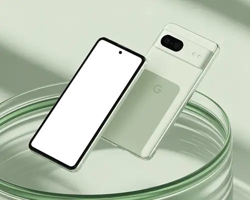 google-pixel-phone-mockup-front-and-back-view-floating-on-glass-surface-in-soft-green-light