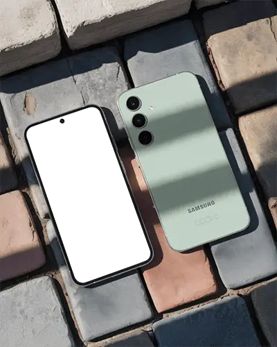 elegant-samsung-smartphone-mockup-dual-view-resting-on-colored-brick-surface-outdoor-light