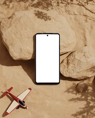 Vivo Realistic Smartphone Mockup In Natural Sandy Rock Environment With Vintage Toy Plane