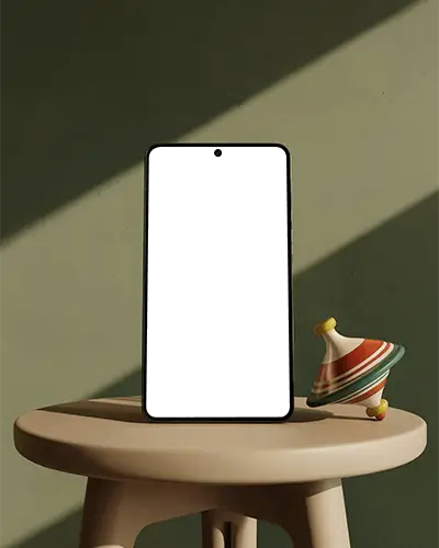 Oneplus Modern Phone Mockup With Spin Top Toy On Simple Minimalist Table Shadowed Background