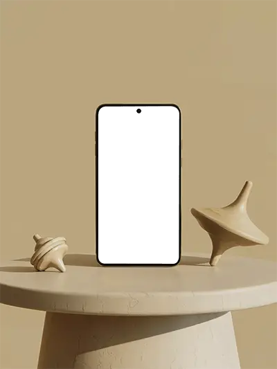 Huawei Modern Phone Mockup With Rotating Wooden Tops On Minimalist Round Table Background