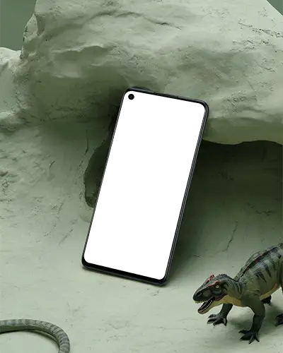 Nothing Sleek Modern Phone Mockup Leaning Against Textured Surface With Dinosaur Figurine