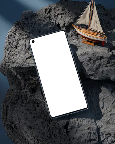 Nothing Modern Phone Mockup Placed On Rock Surface With Sailing Boat For Creative Presentation