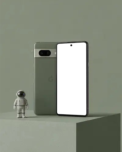 Googlepixel Realistic Phone Mockup Showcasing Front And Back Views With Astronaut Figurine Prop