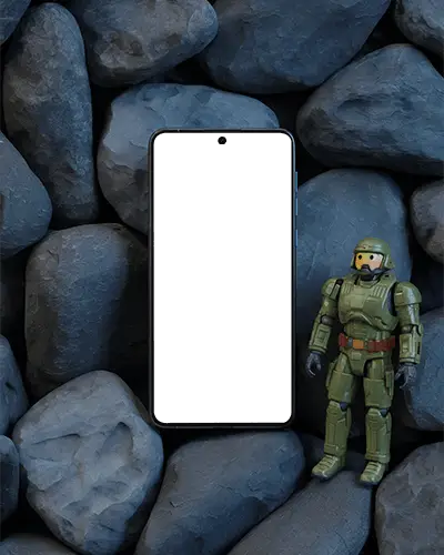 Googlepixel Blank Screen Smartphone Mockup With Military Toy Placed On Rocky Surface