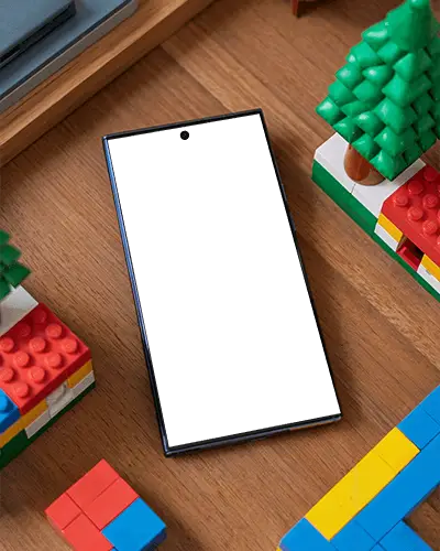 Samsung Sleek Phone Mockup With Blank Screen Surrounded By Toy Blocks On Wood