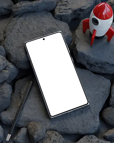 Samsungs25 Sleek Phone Mockup With Stylus And Rocket Figure On Textured Stone Surface