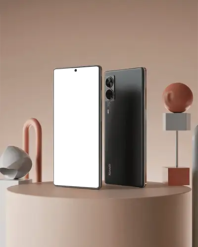 Huawei High Quality Smartphone Mockup Standing On Cylindrical Podium With Minimalist