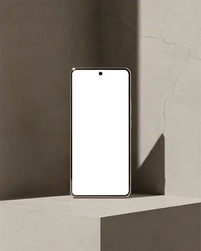 Samsung Sleek Modern Phone Mockup Standing On Concrete Block In Minimalist Light Shadow