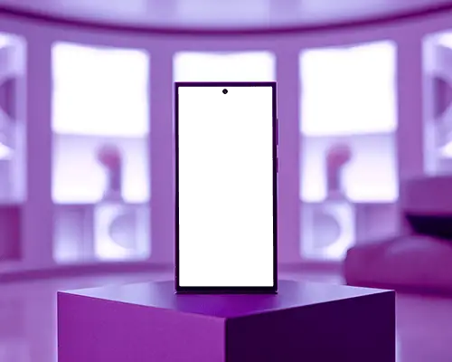Purple Studio Samsung S24 Ultra Android Phone Mockup Standing On Pedestal With Futuristic Lighting