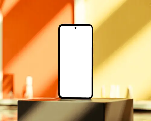 Sunlit Studio Google Pixel Smartphone Mockup On Pedestal With Warm Orange And Yellow Lighting