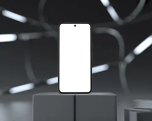 Futuristic Dark Studio Google Pixel Smartphone Mockup Front View On Pedestal With Led Light Patterns