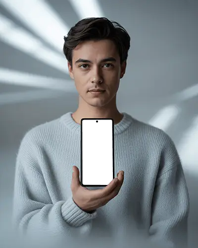Minimal Google Pixel Phone Mockup Held By Male Model With Soft Gray Light And Clean Studio Style