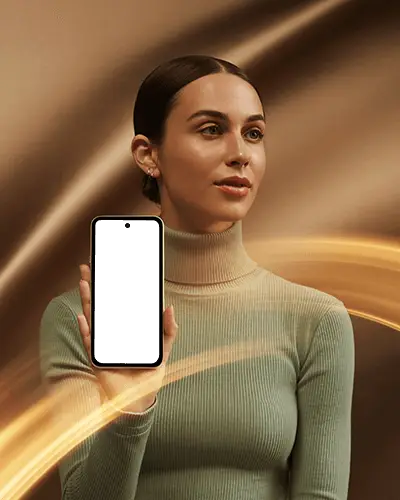 Elegant Fashion Google Pixel Smartphone Mockup Female Model Holding Phone With Golden Motion Light