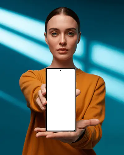 Studio Portrait Samsung S24 Ultra Phone Mockup Front View Held By Model With Teal Lighting