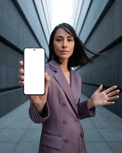 Google Pixel Android Phone Mockup Held By Woman Outdoor Urban Corridor Modern Style