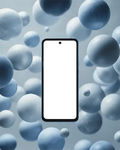 Android Phone Mockup Floating Among Matte Blue Spheres With Red Gradient Screen Display On Light Background