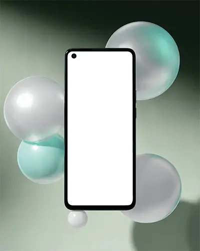 Floating Android Phone Mockup Surrounded By Glossy Translucent Spheres On Soft Gradient Background Modern And Elegant Visual Style