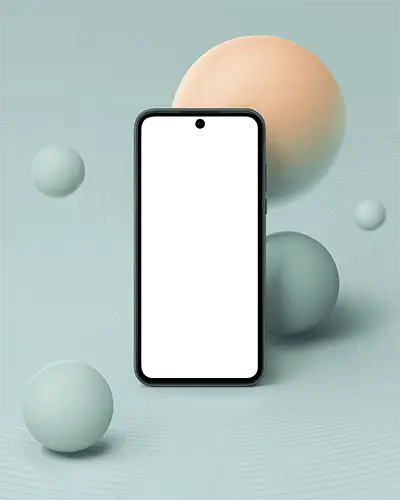 Android Phone Mockup Standing On Soft Textured Surface With Muted Pastel Spheres