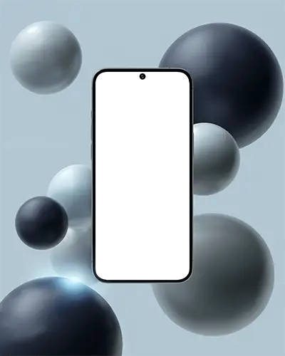 Mobile Phone Mockup Floating With Gradient Screen Amid Muted Spherical Objects