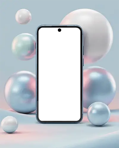 Mobile Phone Mockup Centered On Soft Pastel Surface Surrounded By Iridescent Spheres Stylized And Dreamy Product Showcase
