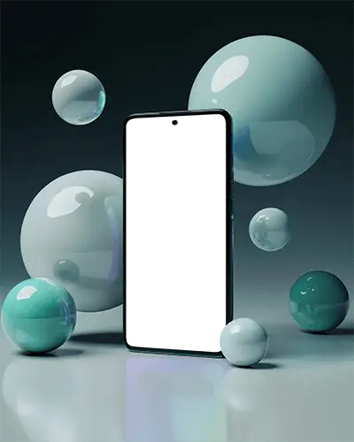 Android Phone Mockup Standing On Glossy Surface Surrounded Dark Background Vibrant 