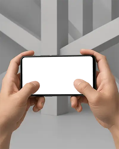 Horizontal Mobile Phone Mockup Hands Holding Gradient Display Abstract 3d Wall