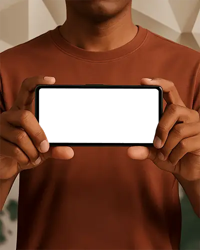 Horizontal Close Up Man Holding An Android Phone Mockup Abstract Geometric Background
