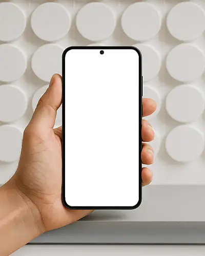 Hand Holding Android Phone Mockup Minimal Modern Backdrop Stylish Promotional Display Clean Brand Presentation