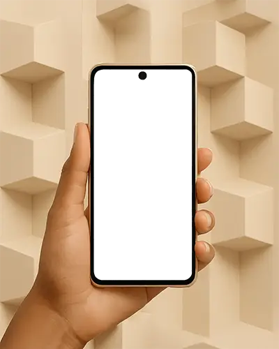 Warm Toned Android Phone Mockup Held By Hand Against Minimal Cube Wall Background For Vibrant Designs
