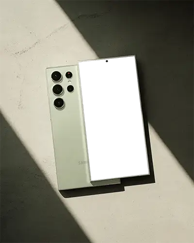 Samsung Galaxy S23 Ultra Phone Mockup Top View On Concrete Surface With Dramatic Lighting Modern Showcase Template