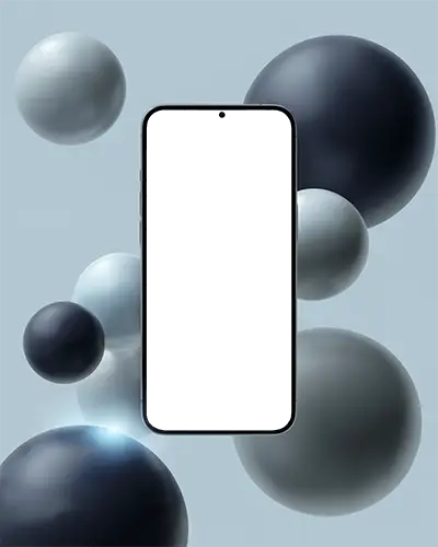 Floating Android Phone Mockup With 3d Spheres Modern Minimal Soft Blue Background For Digital Presentation