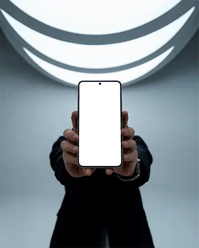 Hand Holding Android Mobile Phone Mockup In Futuristic Light Setup For Bold And Professional Brand Showcase