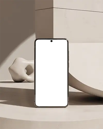 Modern Sculptural Mobile Phone Mockup On Minimal Podium In Earthy Sunlit Setting For Elegant Brand Display