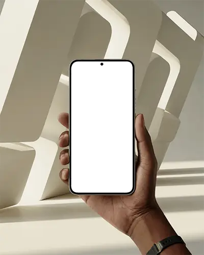 Hand Holding Android Phone Mockup In Modern Architectural Light Setup For Stylish Tech Brand Showcase