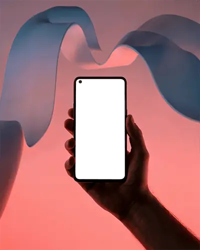 Hand Holding Android Phone Mockup With Colorful Gradient Backdrop And Floating Fabric Elements For Creative Ui Presentation