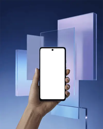Hand Holding Android Phone Mockup In Front Of Layered Glass Panels On Gradient Background For Modern Ui Showcase