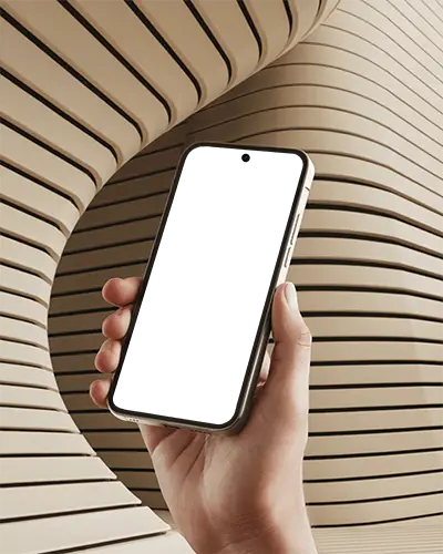 Hand Holding Android Phone Mockup With Tilted Angle In Front Of Modern Striped Architectural Backdrop For Urban Design Showcase