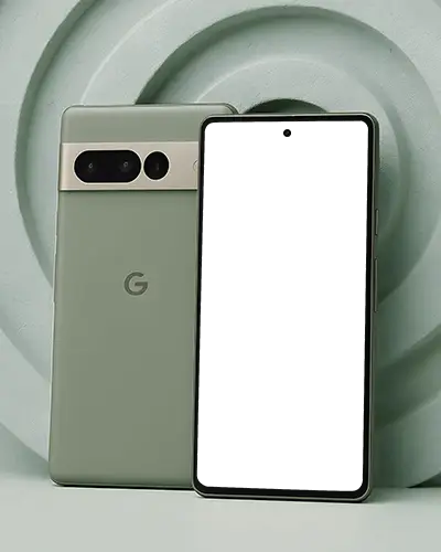 Mint Green Pixel Phone Mockup Google Smartphone Front And Back Against Spiral Textured Background