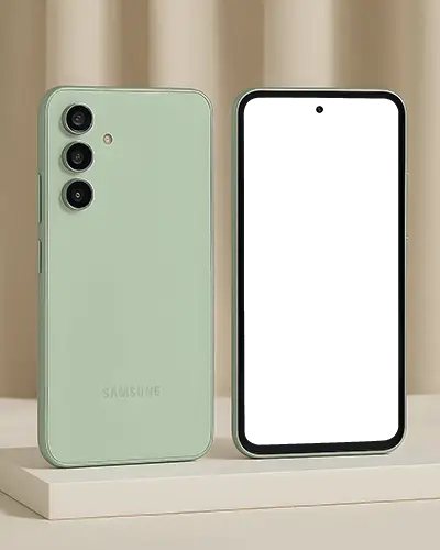 Modern Samsung Smartphone Mockup Front And Back View In Beige Finish On Studio Pedestal Backdrop