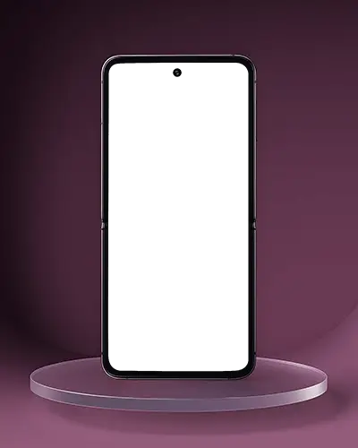 Premium Foldable Phone Mockup Samsung Z Flip 6 Front View On Transparent Platform In Dark Purple Scene