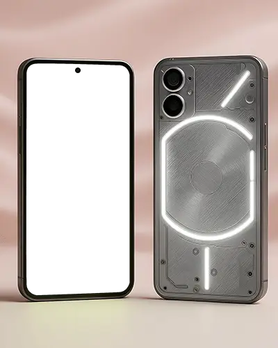 Nothing Phone Mockup Front And Back Display With Illuminated Glyph Interface Against Soft Pink Backdrop