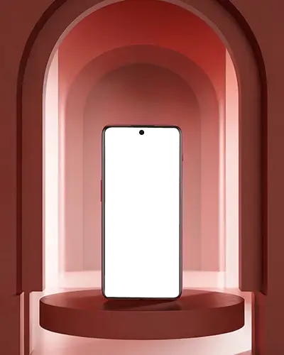 Luxury Arched Smartphone Mockup Front Facing Phone On Round Platform In Bold Red Studio Setup