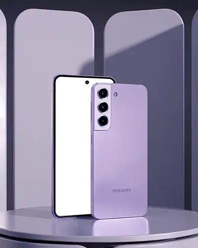 Dual View Samsung Phone Mockup Lavender Device On Round Platform With Arched Panel Background