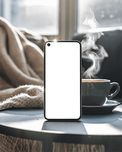 Cozy Window Smartphone Mockup On Table With Steaming Cup And Warm Blanket In Sunlight