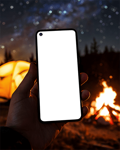 Campfire Night Smartphone Mockup Hand Holding Phone With Glowing Screen Under Starry Sky