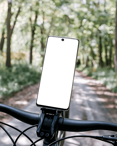Bicycle Smartphone Mockup Mounted On Handlebars Outdoor Natural Forest Background