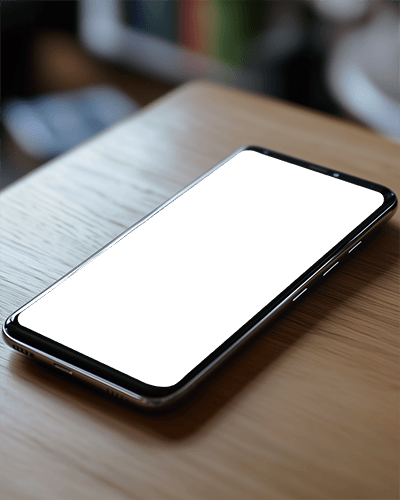 Minimalist Wooden Desk Smartphone Mockup Near Library Background