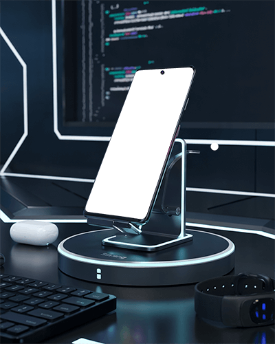 Developer Desk Smartphone Mockup On Charging Stand With Coding Setup And Dark Theme