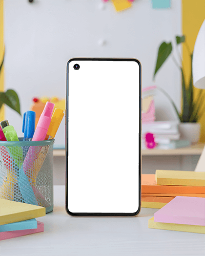 Study Space Smartphone Mockup Upright On Desk Surrounded By Colorful Sticky Notes